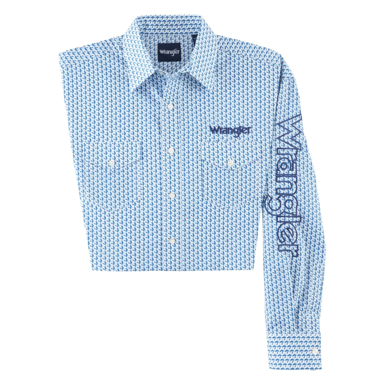 Wrangler® Men's Logo Geometric Print Blue Button Down Shirt 112318482 1 Wrangler® Men's Logo Geometric Print Blue Button Down Shirt 112318482