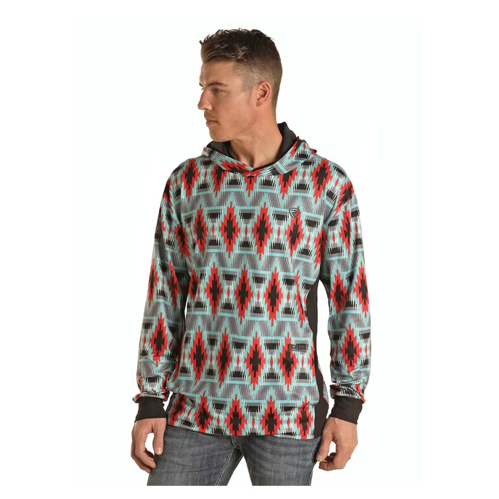Rock & Roll Denim Men's Aztec Print Red & Turquoise Hoodie P8H1533 1 Rock & Roll Denim Men's Aztec Print Red & Turquoise Hoodie P8H1533