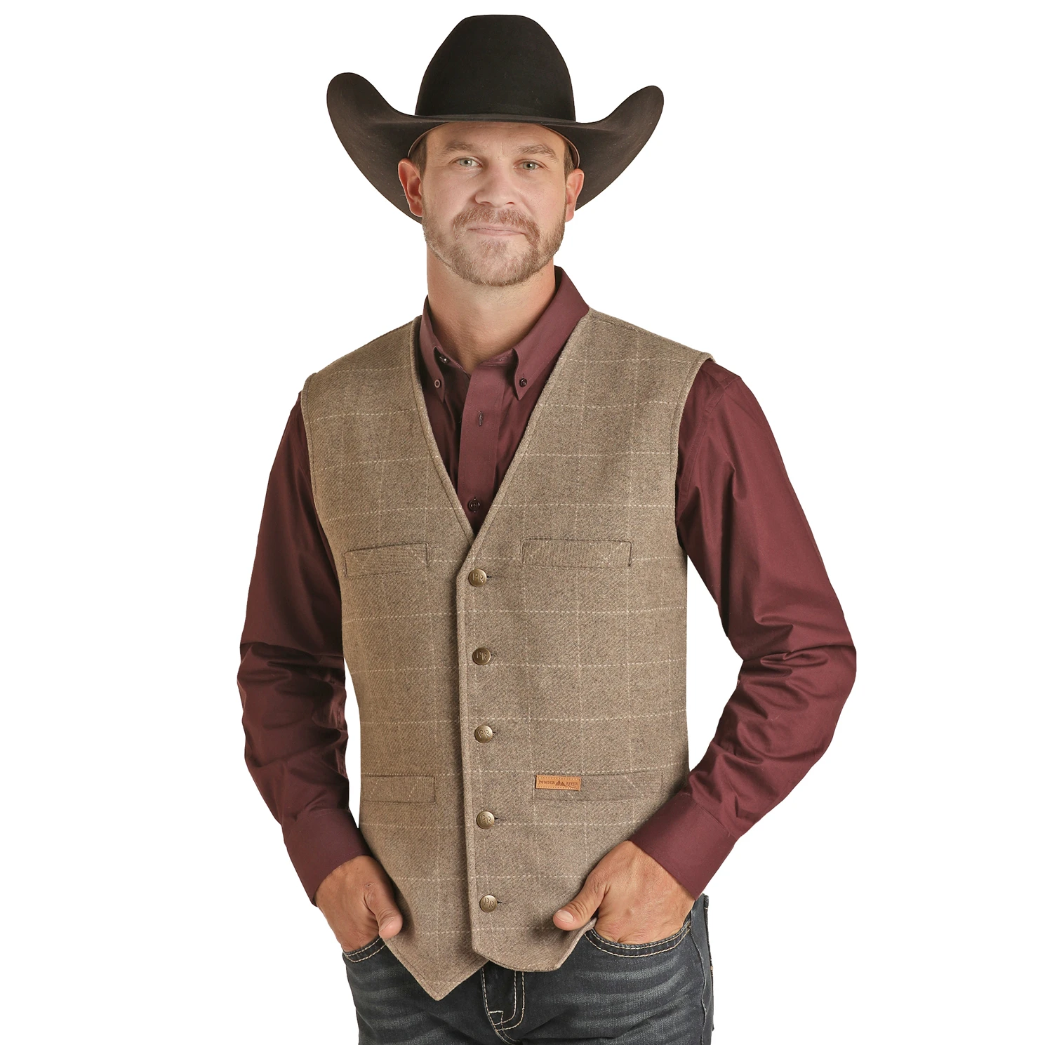 Powder River® Men's Tan Nevada Plaid Wool Vest PRMO98RZZJ-27 1 Powder River® Men's Tan Nevada Plaid Wool Vest PRMO98RZZJ-27
