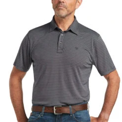 Ariat Men's Oxford Stripe Fitted Black Polo Short Sleeve Shirt 10039558