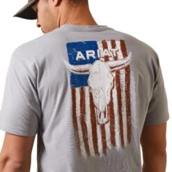 Ariat® Men's Steer Skull Flag Stone Grey Heather T-Shirt 10044771 -ARIA Clothing Shop S23 MNS WEST 10044771 detail01
